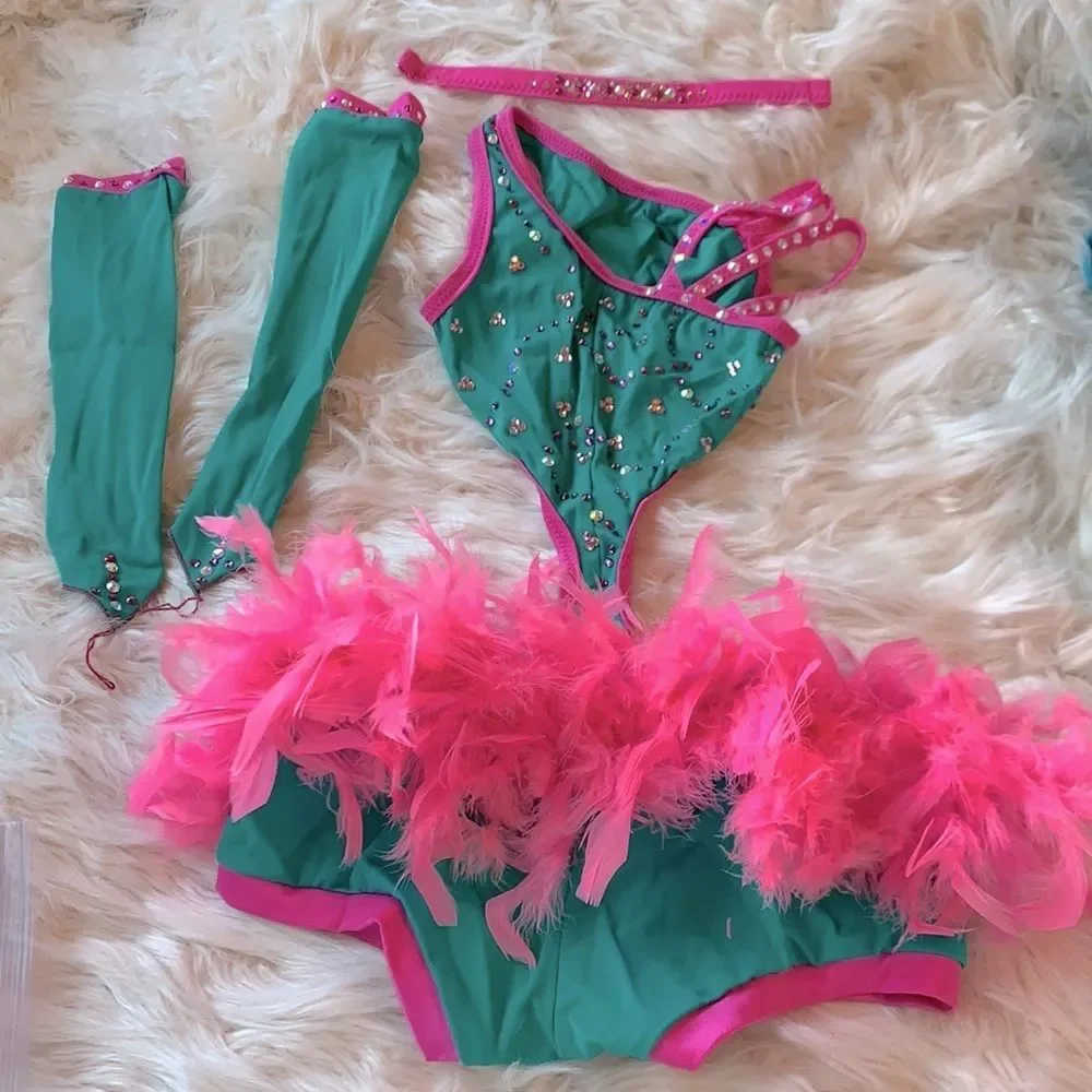 Custom Teal Pink Swarovski Crystal Feather Dance Costume Arm Sleeves